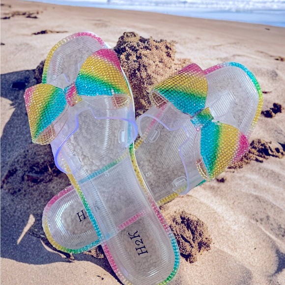 H2K Shoes - CLEAR SLIDES WITH MULTI COLOR SPARKLY BOWS SZ 8